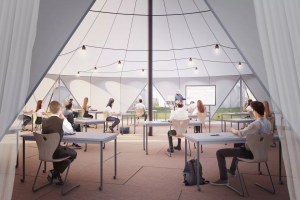 Os arquitetos da Curl la Tourelle Head Architecture (CLTH), no Reino Unido, projetam sala de aula com design inovador para o pós-pandemia. Foto: reprodução/Dark Studio